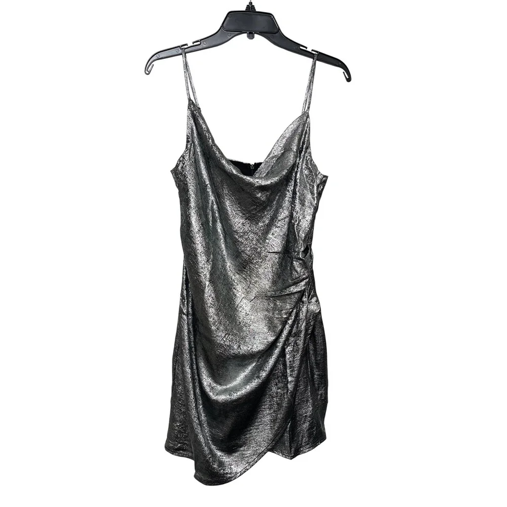 New ASTR the Label Silver Metallic Cowl Neck Ruched Mini Dress Size S